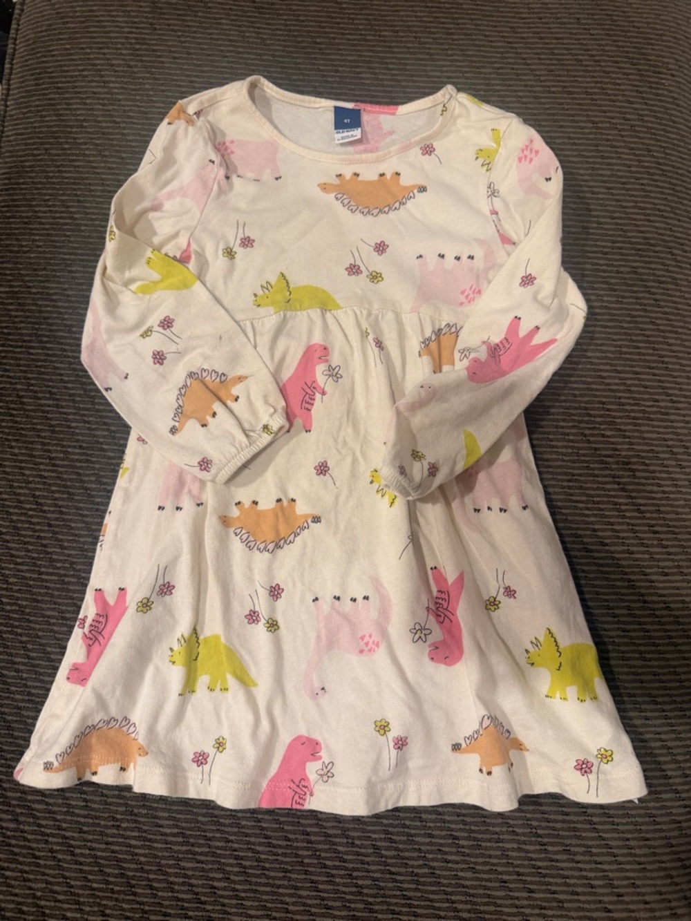 Old Navy White Dress with Pink, Yellow & Orange Dinosaurs